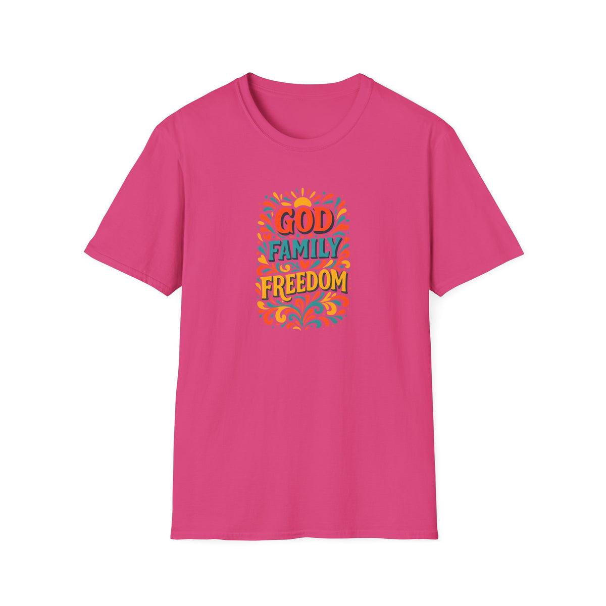 SatsandStripes.com God Family Freedom T-Shirt Colorful Religious Tee for Faith & Patriotism Dark Pink