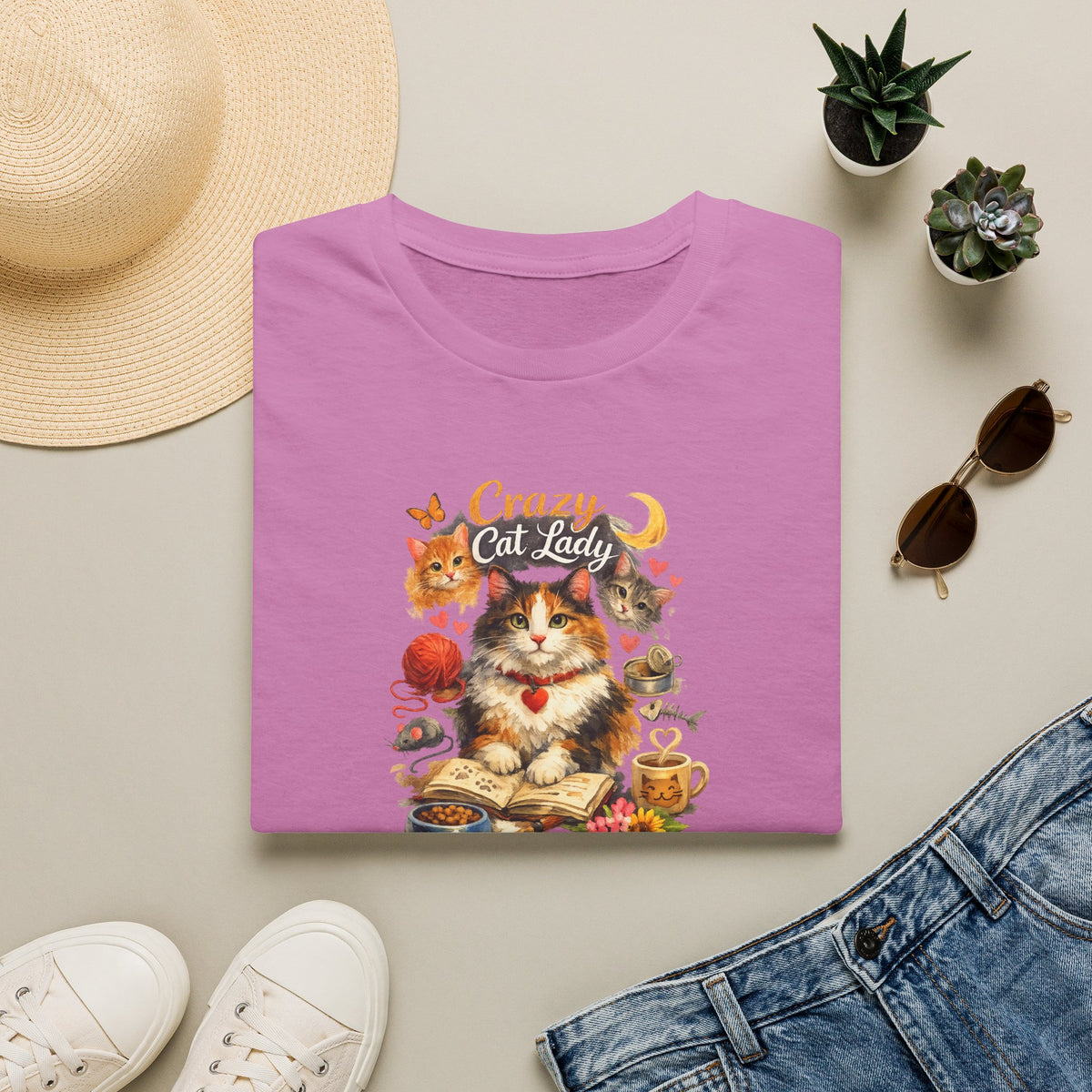 SatsandStripes.com Crazy Cat Lady T-Shirt Cute Cat Mom Graphic Tee Cat Lover Shirt Gift for Cat Moms Whimsical Cat Art Top 8 colors 100% cotton Orchid