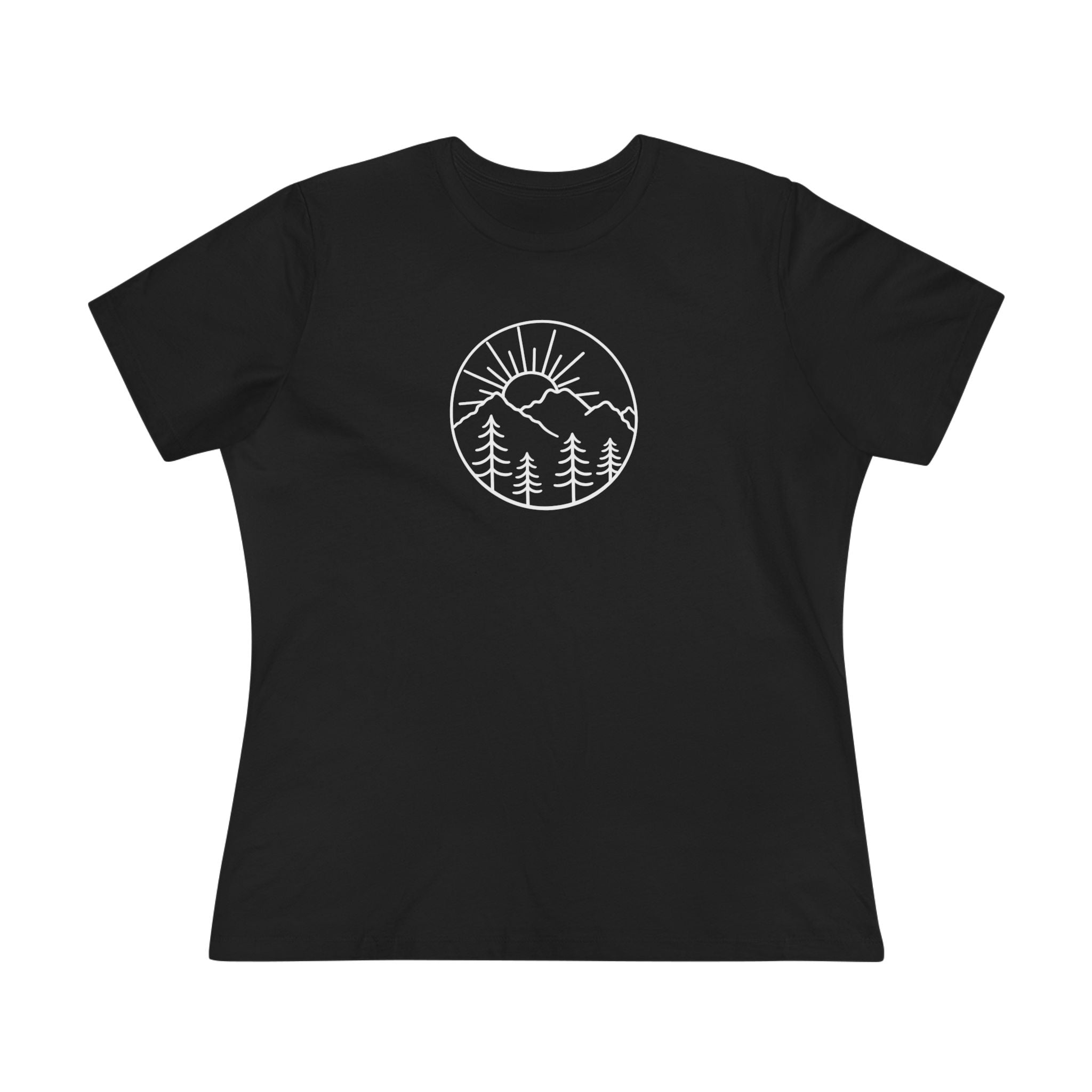 Sats and Stripes Mountain Sunrise Women's T-Shirt Minimalist Nature Graphic Tee Black