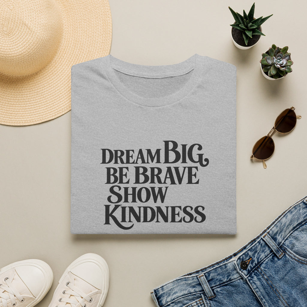 SatsandStripes.com Dream Big Be Brave Show Kindness Softstyle® T-Shirt Inspirational Positive Message Tee Grey Folded