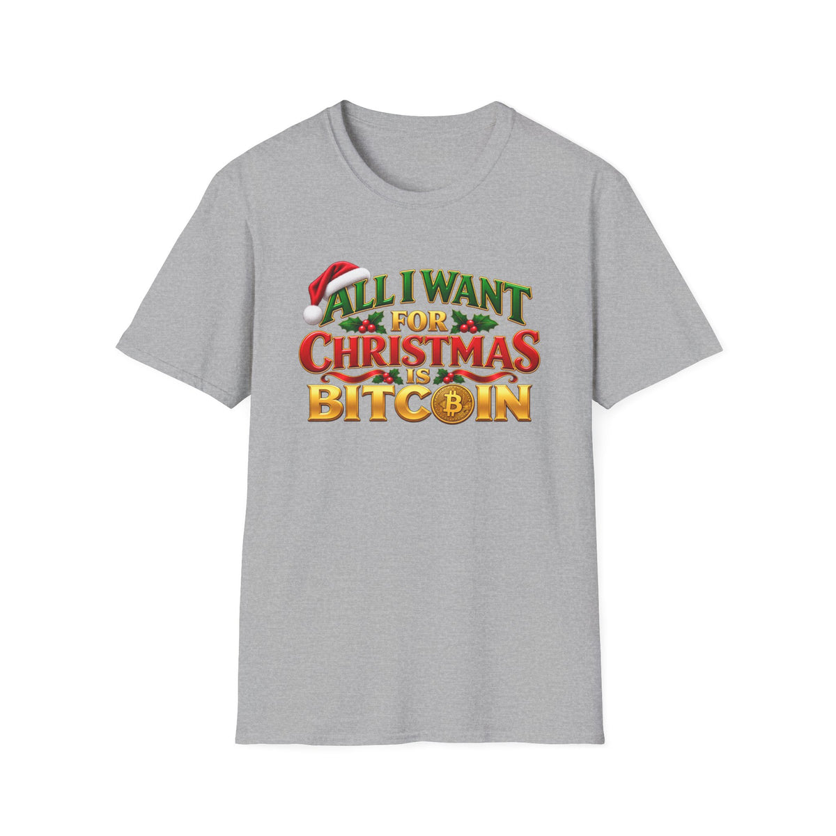 SatsandStripes.com All I Want for Christmas Is Bitcoin T-Shirt – Funny Crypto Holiday Tee for Bitcoin Lovers Sport Grey