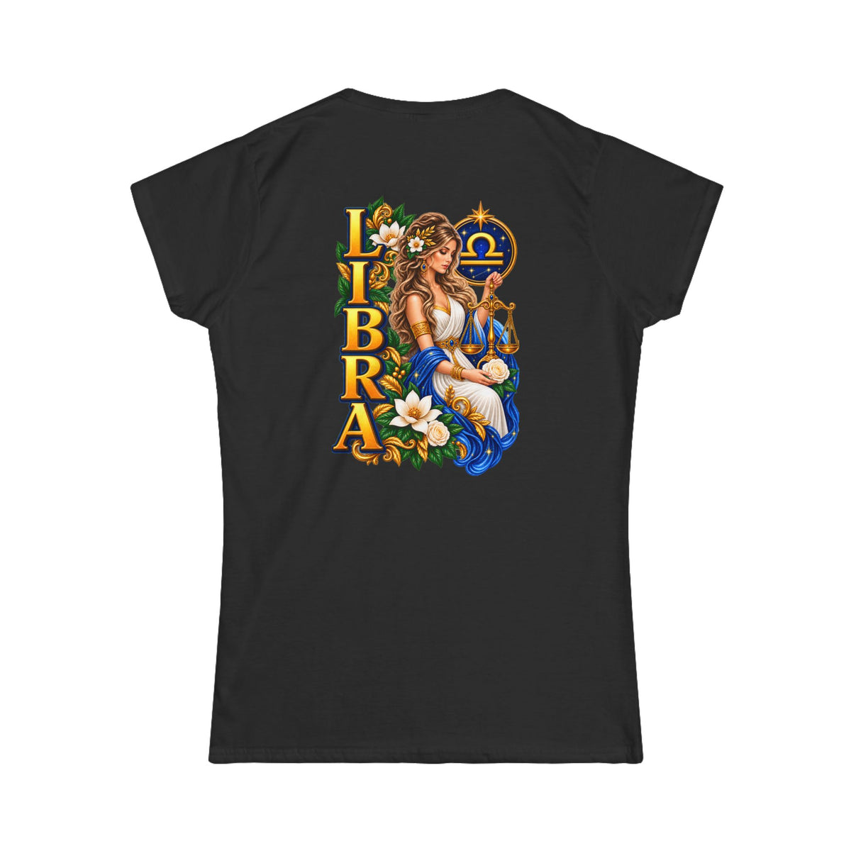 SatsandStripes.com Libra Zodiac Women’s T-Shirt – Elegant Astrology Back Print Tee  September 23–October 22 - Black