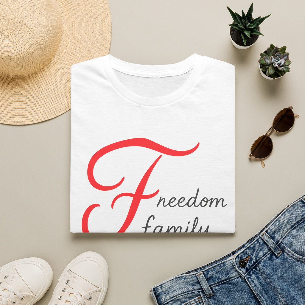 SatsandStripes.com Freedom Family Faith T-Shirt Inspirational Christian Tee White Folded
