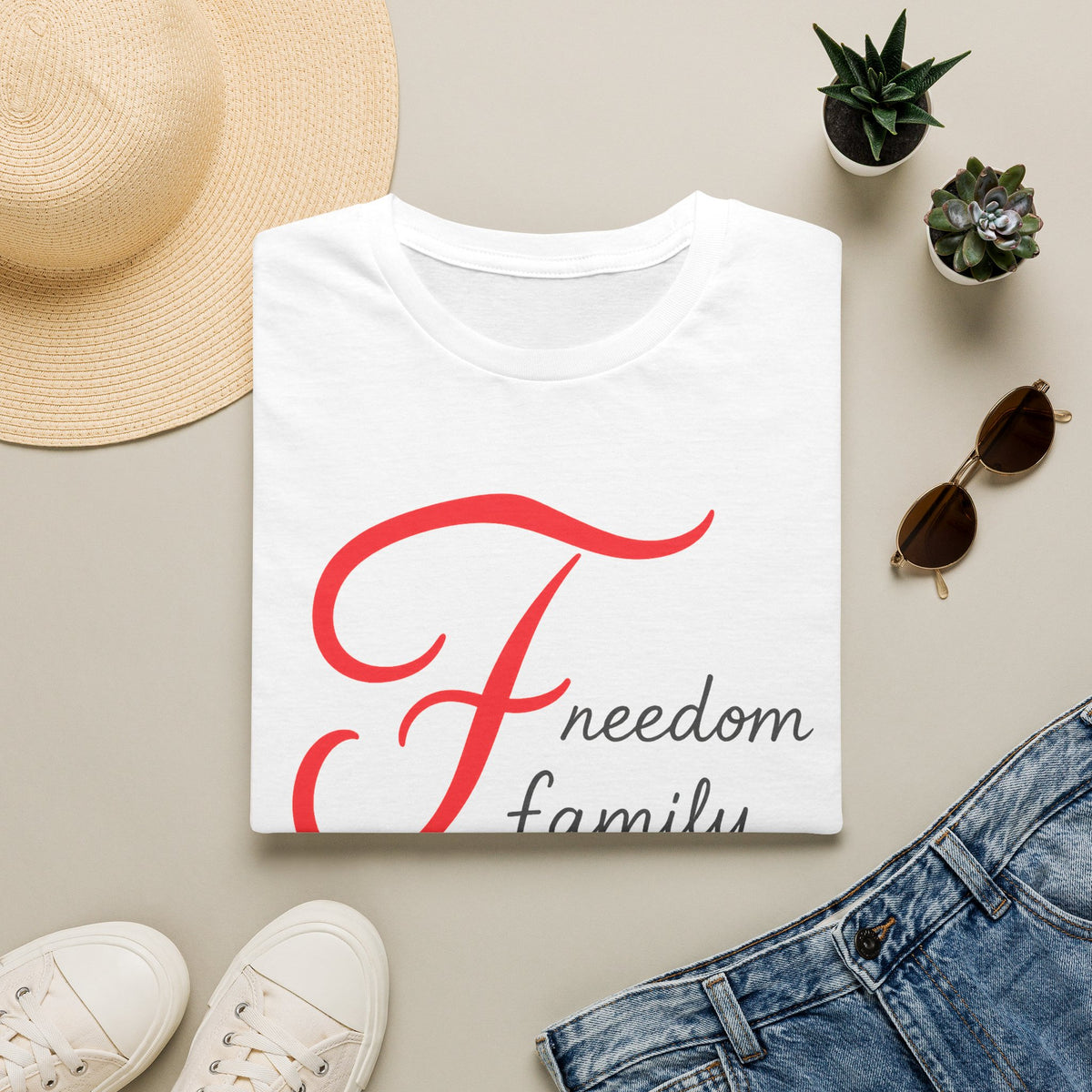 SatsandStripes.com Freedom Family Faith T-Shirt Inspirational Christian Tee White Folded
