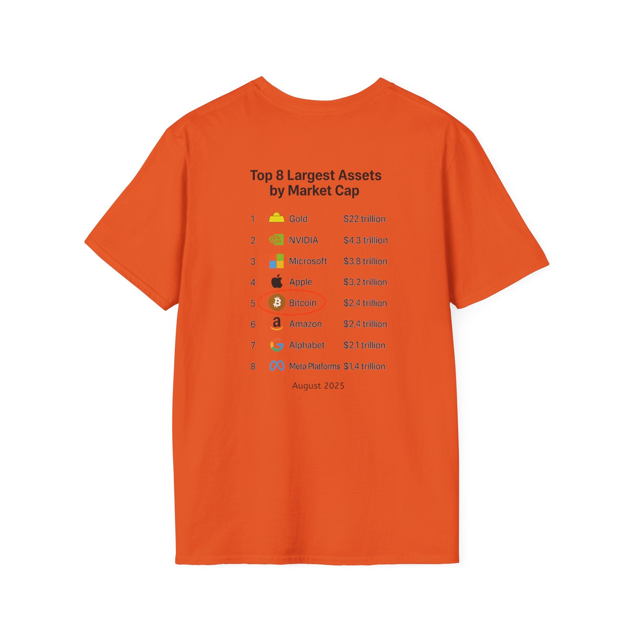 Sats and Stripes Bitcoin Ranks Supreme Bold Market Cap Statement T-shirt Tee Orange