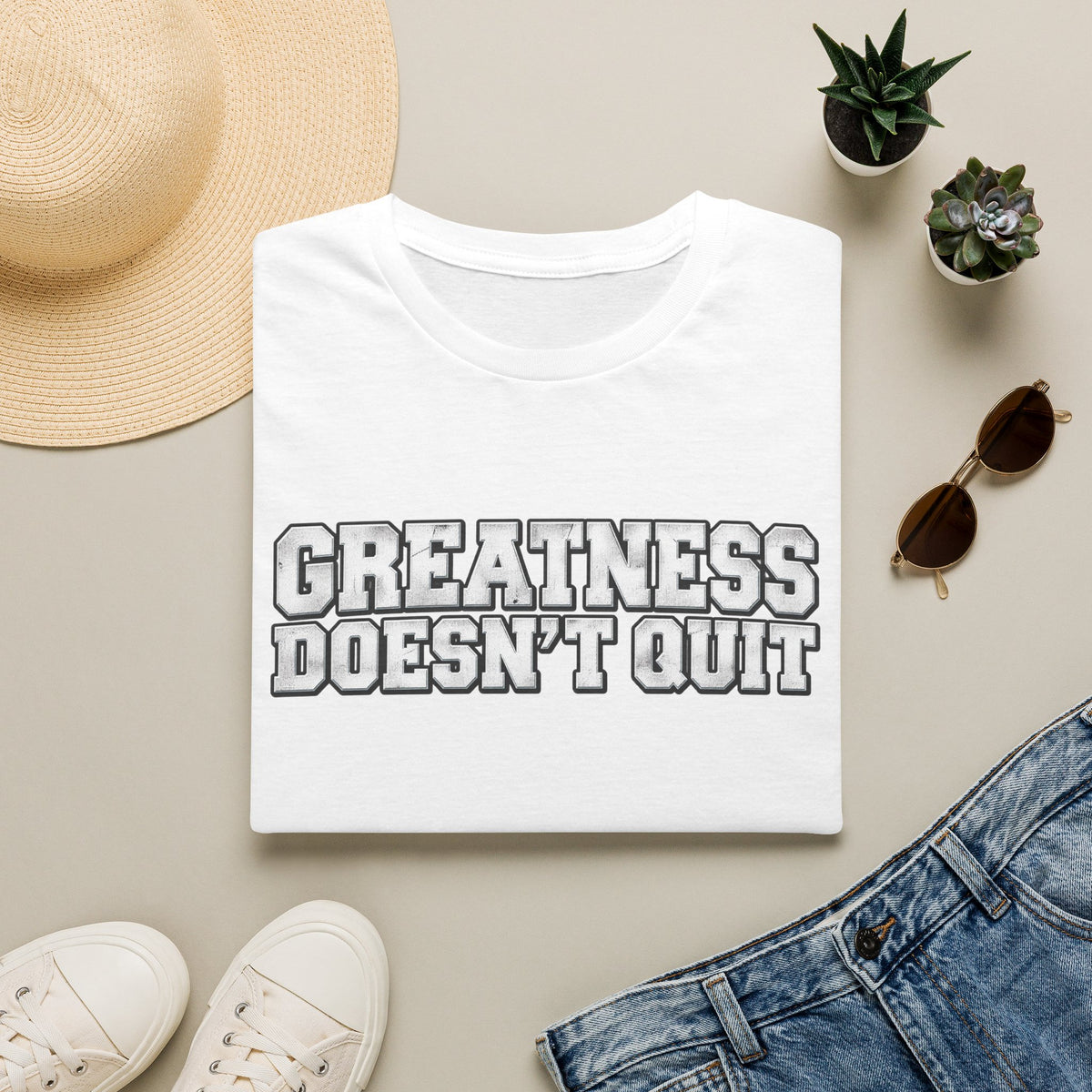 SatsandStripes.com Greatness Doesn’t Quit Softstyle® T-Shirt – Motivational Graphic Tee, Inspirational Shirt, Positive Mindset Gift for Men & Women White Folded