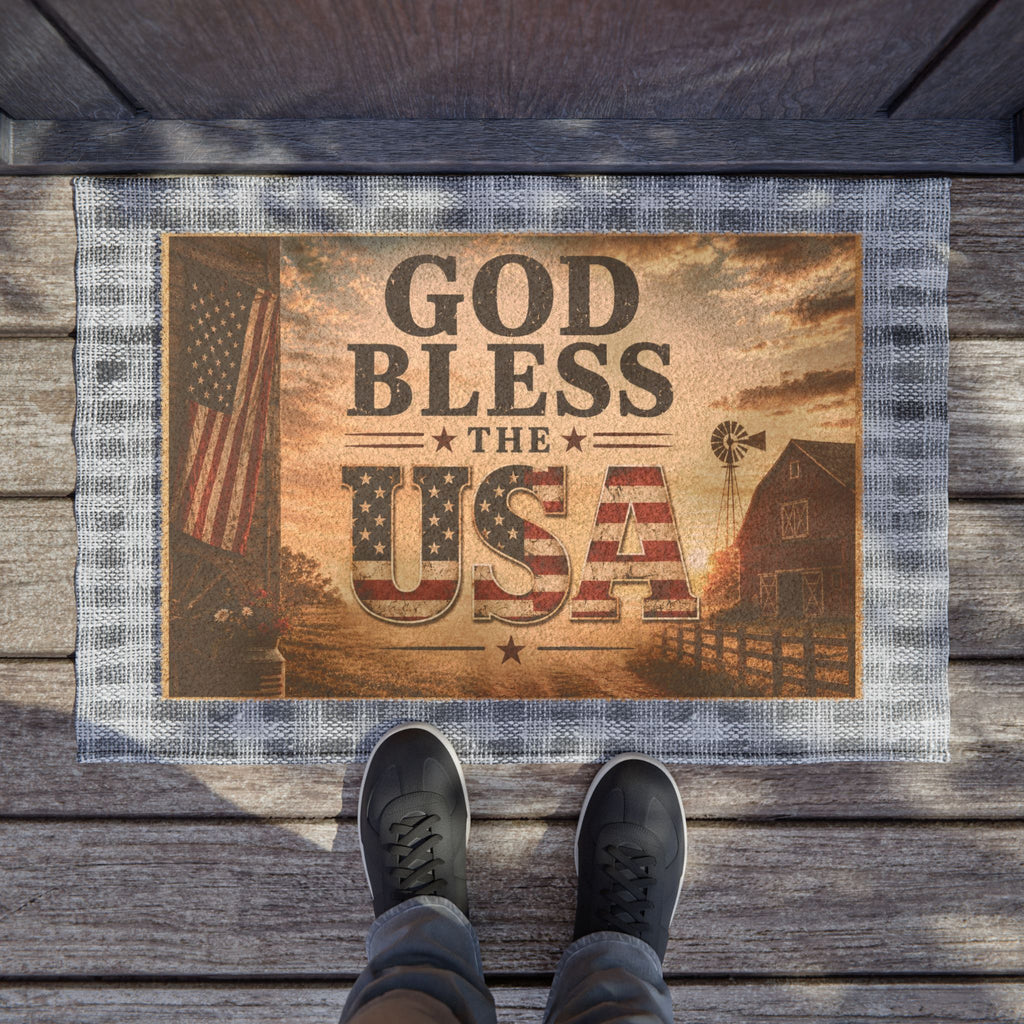 God Bless the USA Patriotic Coir Doormat Rustic American Flag Welcome Mat 24" x 16" Outdoor Entry Rug