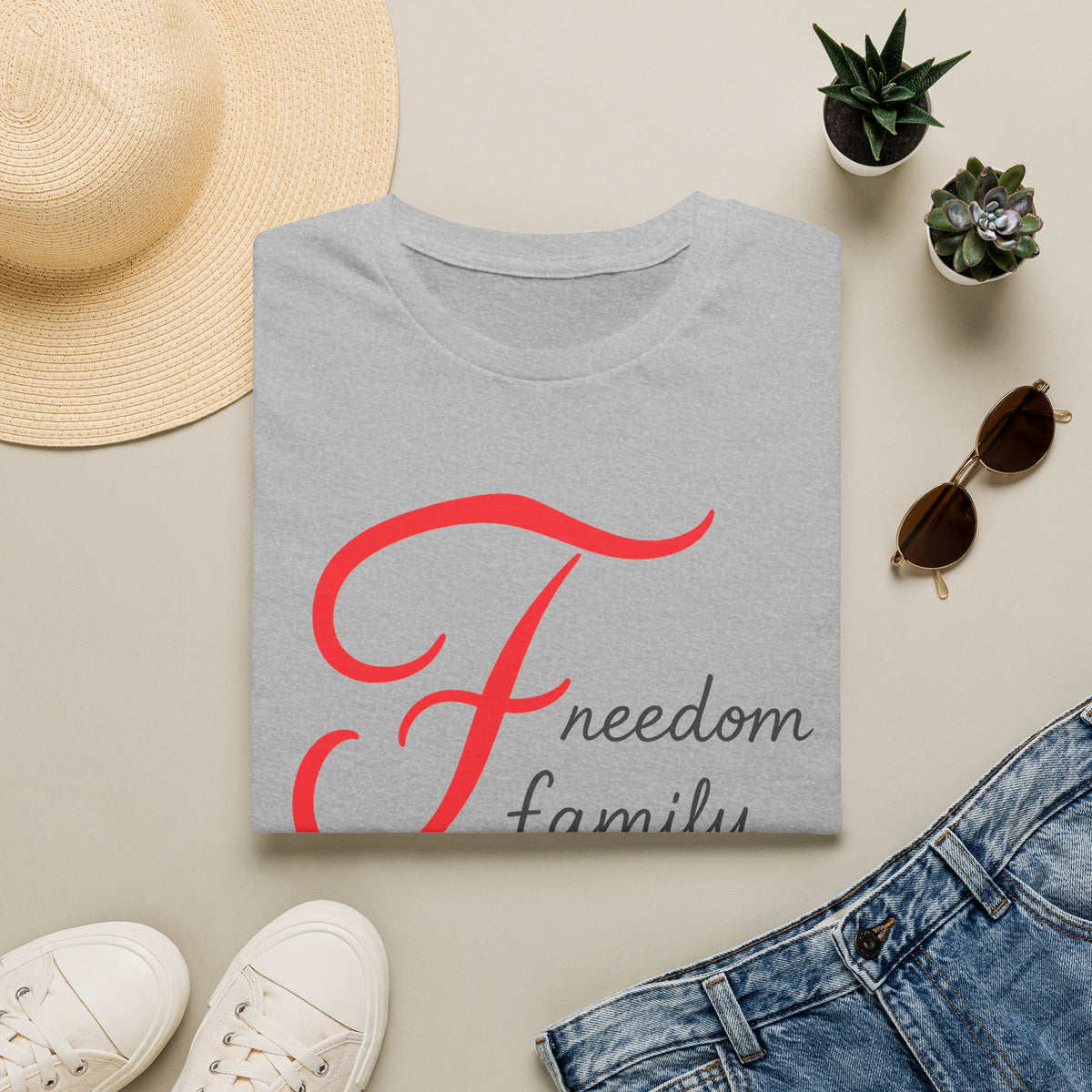 SatsandStripes.com Freedom Family Faith T-Shirt Inspirational Christian Tee Grey Folded