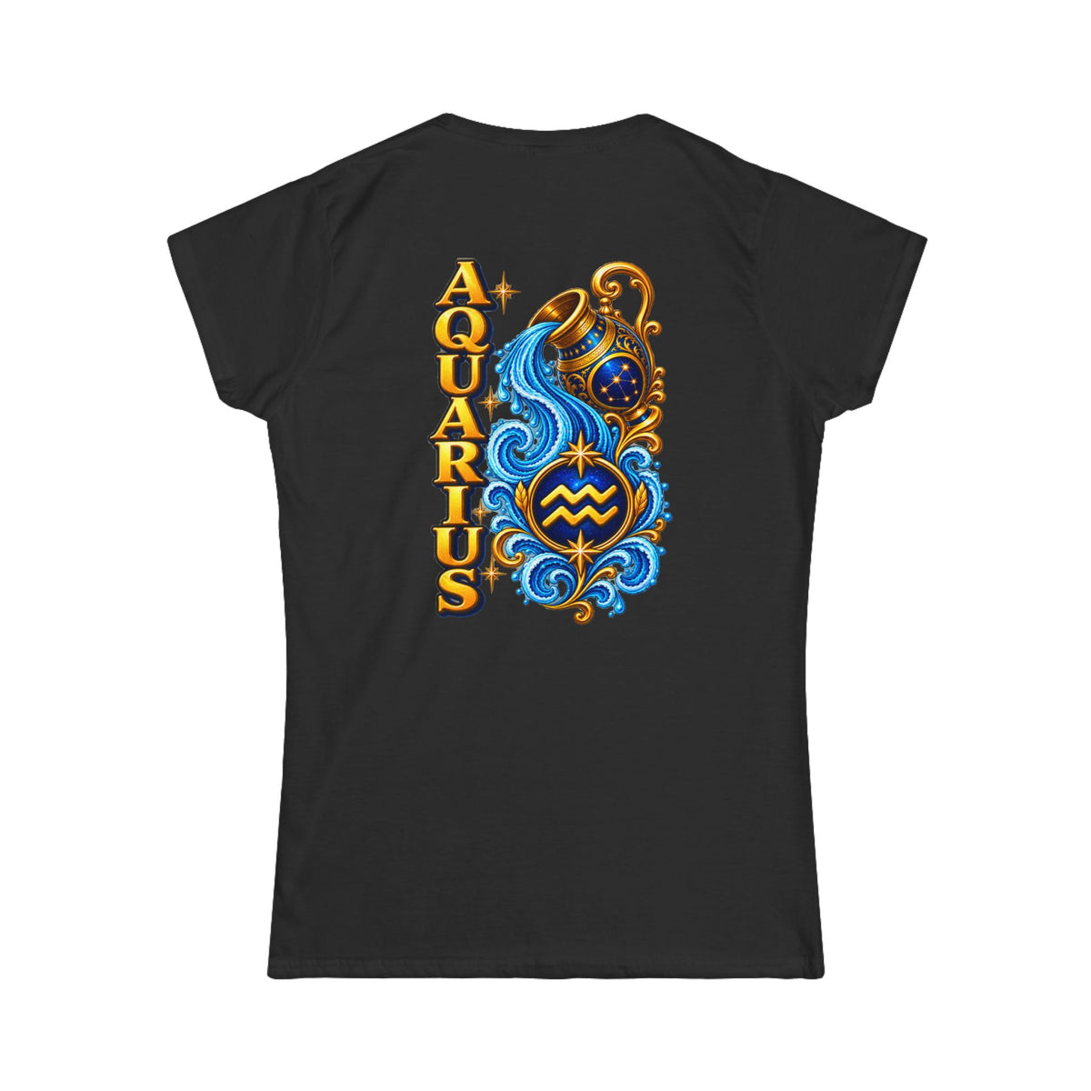 SatsandStripes.com Aquarius Zodiac Women’s SoftStyle T-Shirt – Water Bearer Astrology Tee, Celestial Back Print Shirt Black