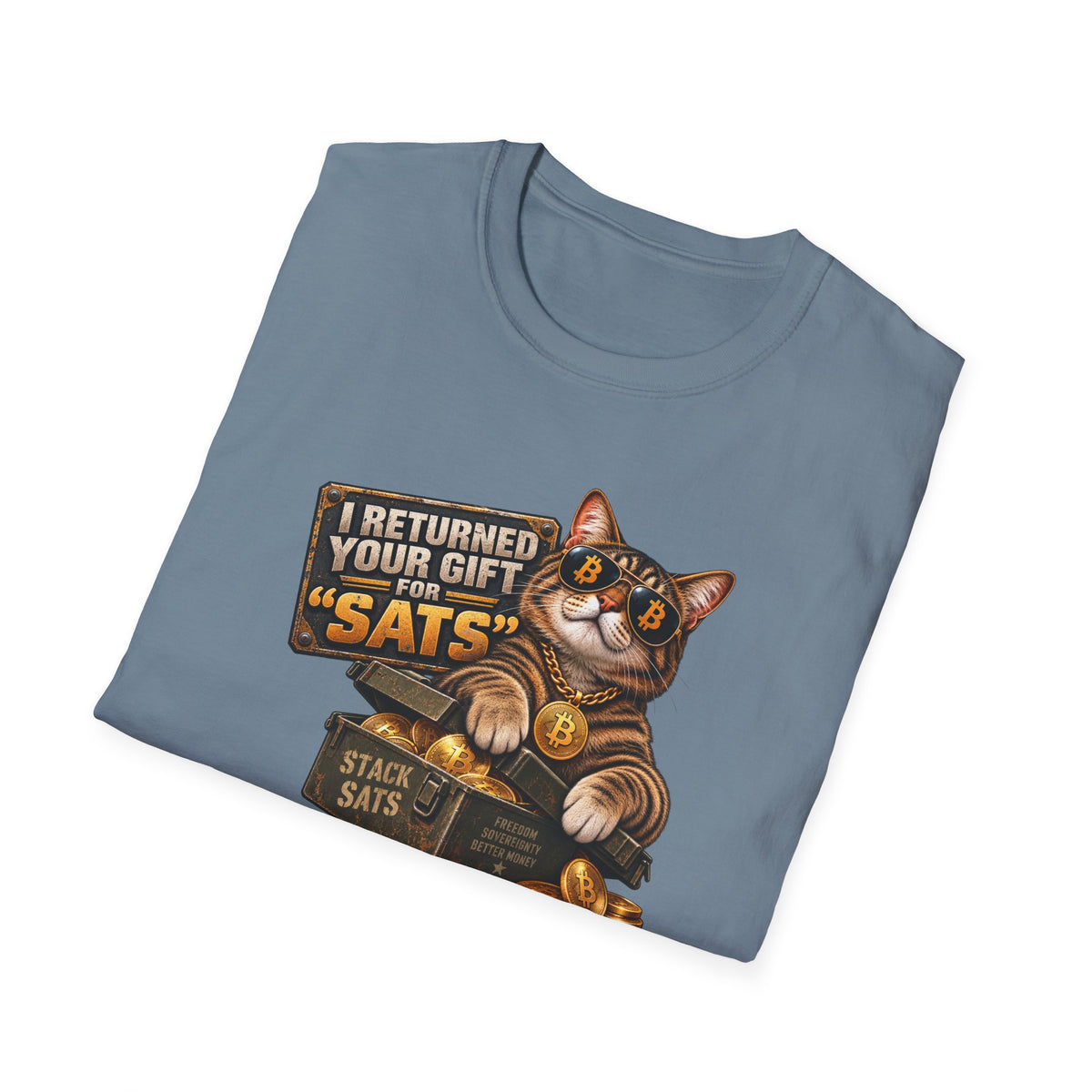 SatsandStripes.com I Returned Your Gift for Sats T-Shirt Funny Bitcoin Cat Graphic Tee Crypto Holiday Tee for Bitcoin Lovers Stone Blue Folded