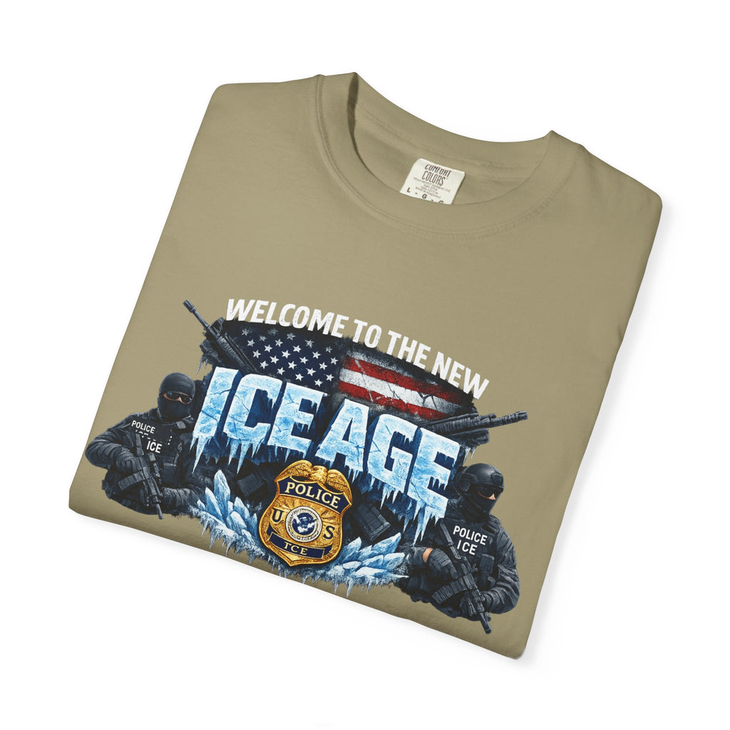 SatsandStripes.com Welcome to the New ICE Age T-Shirt Pro Law Enforcement Shirt Patriotic Tactical Tee Police Support Apparel Khaki Folded
