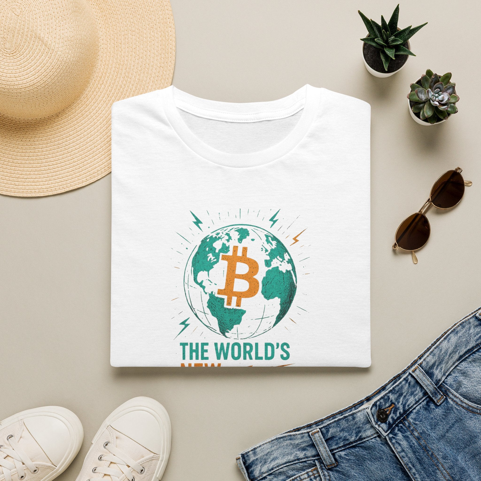 Sats and Stripes Bitcoin World Currency T-Shirt White Folded