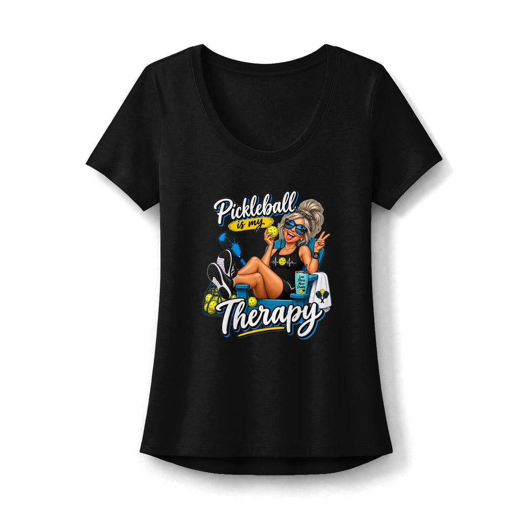 SatsandStripes.com Pickleball Is My Therapy Women’s Flex Scoop Stretch Tee – Funny Pickleball Shirt 3 Colors Cotton/Polyester/Spandex Blend Black