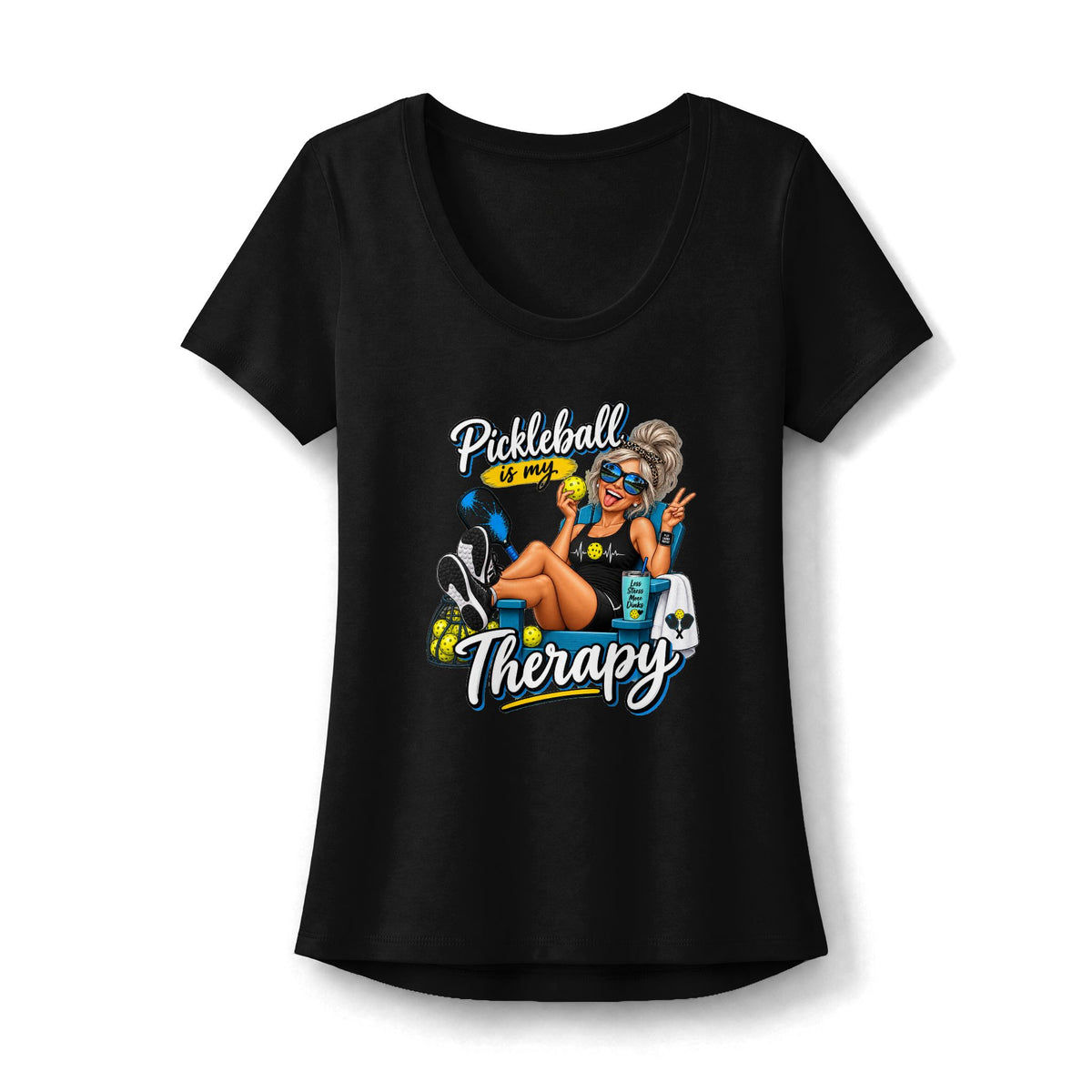 SatsandStripes.com Pickleball Is My Therapy Women’s Flex Scoop Stretch Tee – Funny Pickleball Shirt 3 Colors Cotton/Polyester/Spandex Blend Black