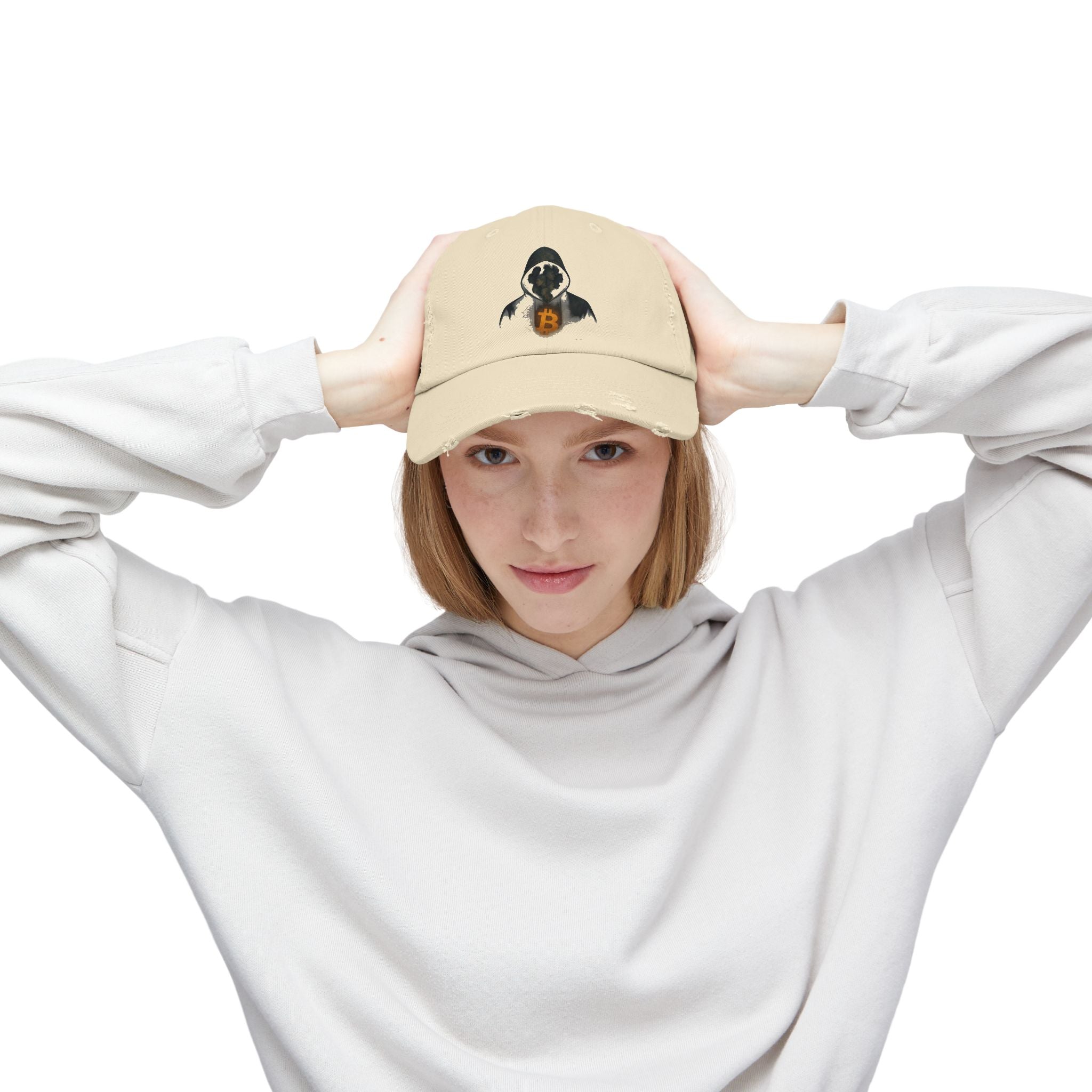 We Are All Satoshi Hat Distressed Beige Unisex Cap for True Bitcoin Believers