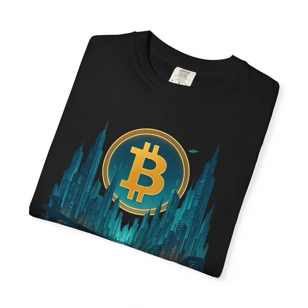 Sats and Stripes Futuristic Bitcoin City T-Shirt Neon Crypto Skyline Tee for Bitcoin Enthusiasts Black Folded