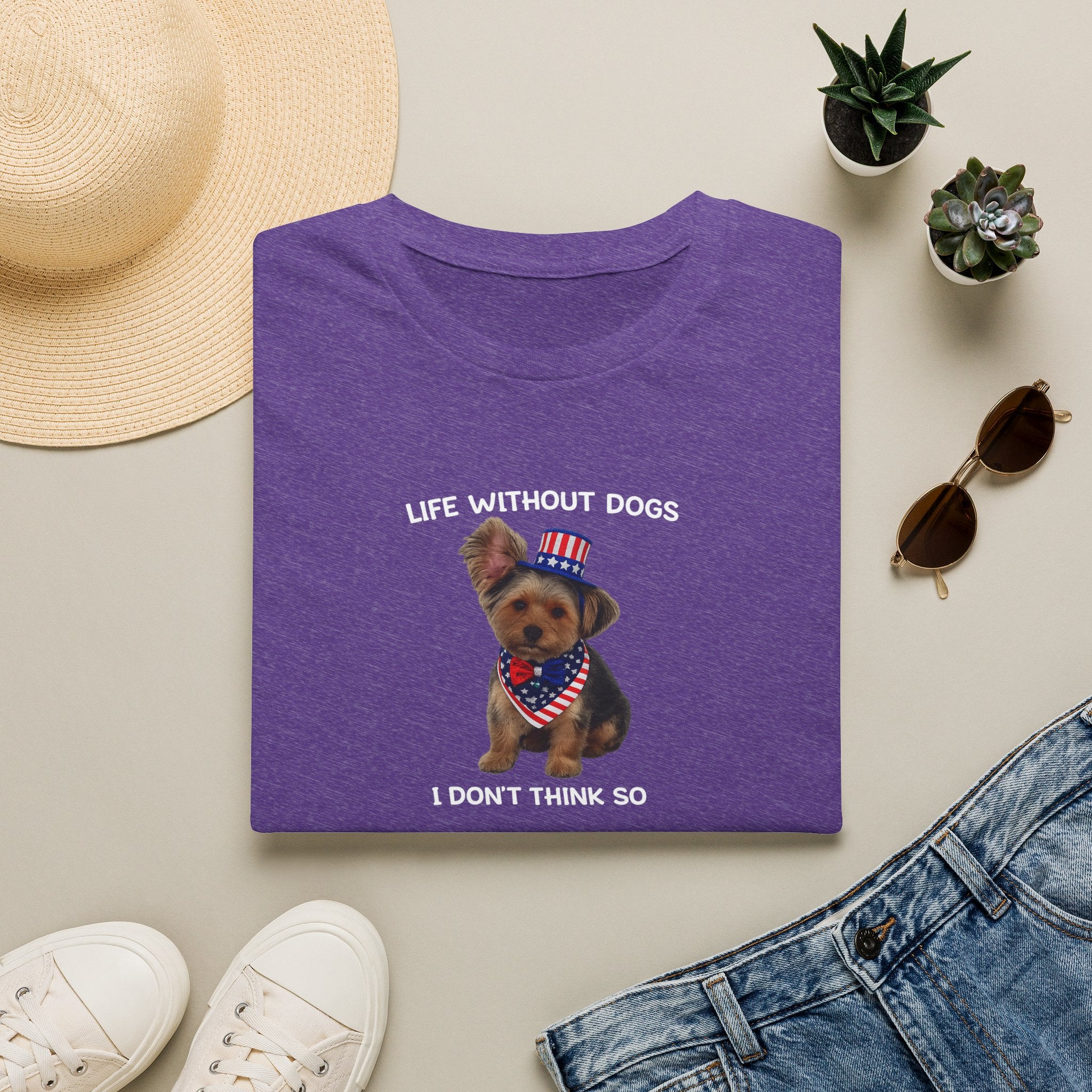 Sats and Stripes Life Without Dogs I Don't Think So Patriotic Yorkie T-Shirt Purple