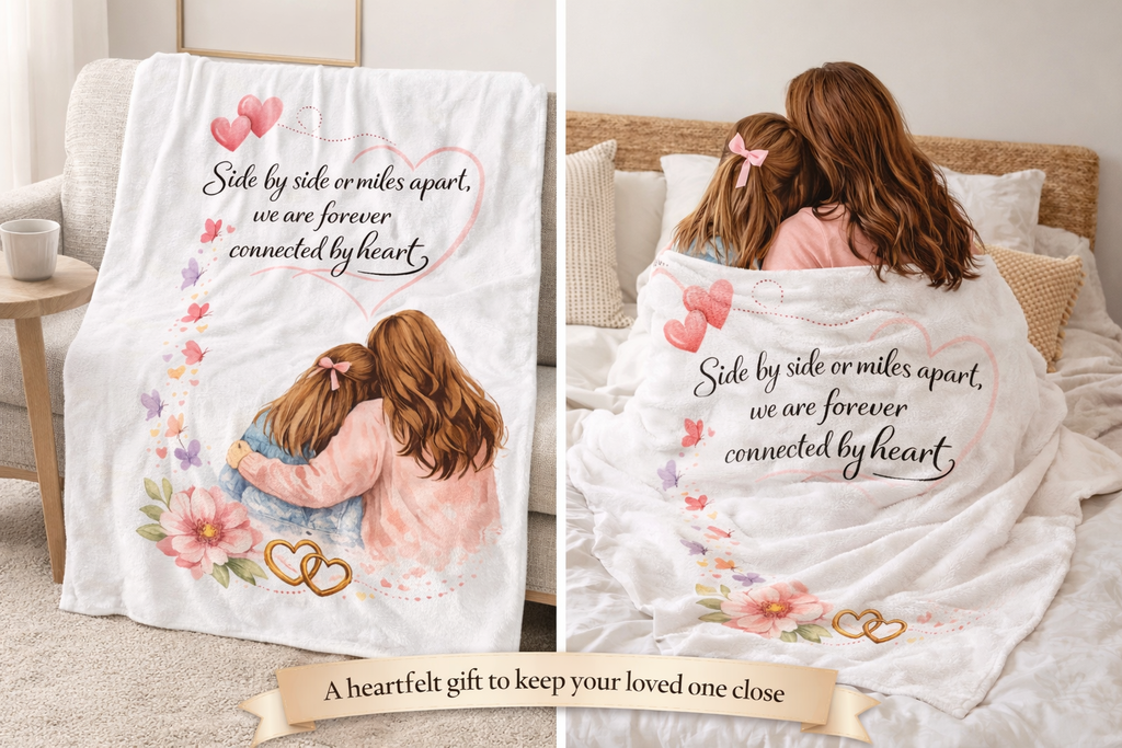 Mother Daughter Blanket Side by Side or Miles Apart - Forever Connected by Heart Mothers Day Gift 50" x 60"