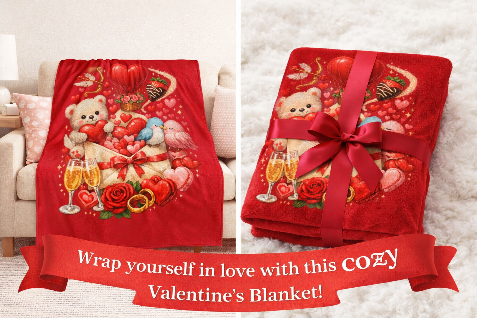 Valentine Love Blanket Throw Teddy Bear Hearts Roses & Champagne Cozy Velveteen Blanket Gift 50" x 60"