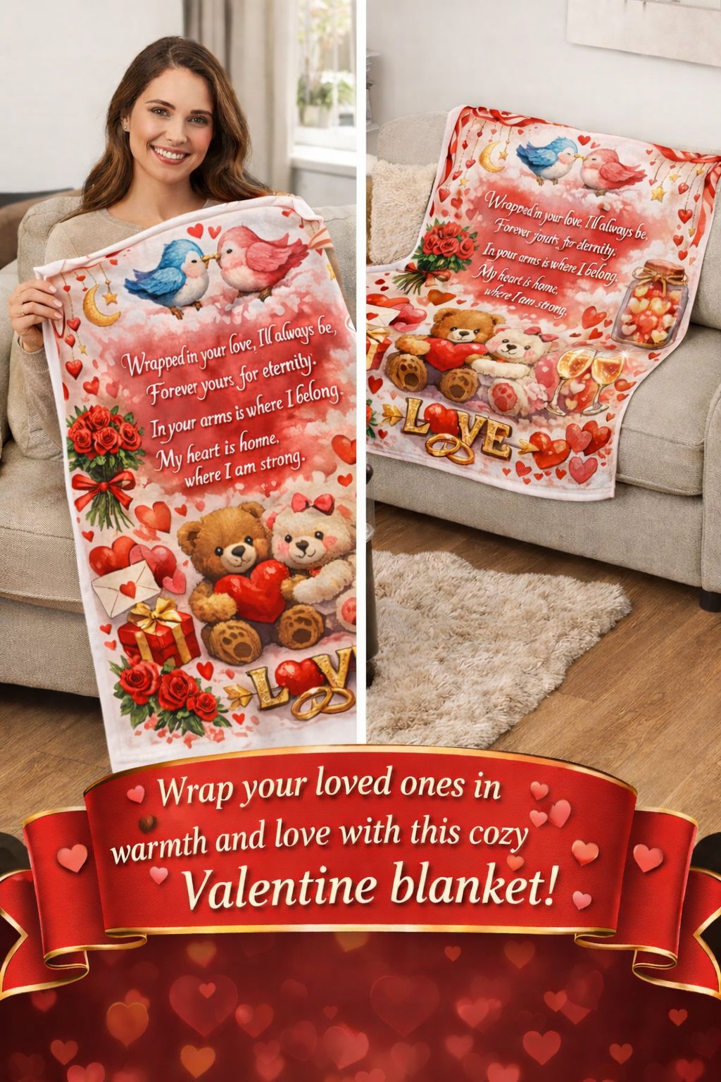 Romantic Love Throw Blanket Valentine Teddy Bears Heart Poem Cozy Gift for Couples Anniversary or Wedding Keepsake 50" x 60"