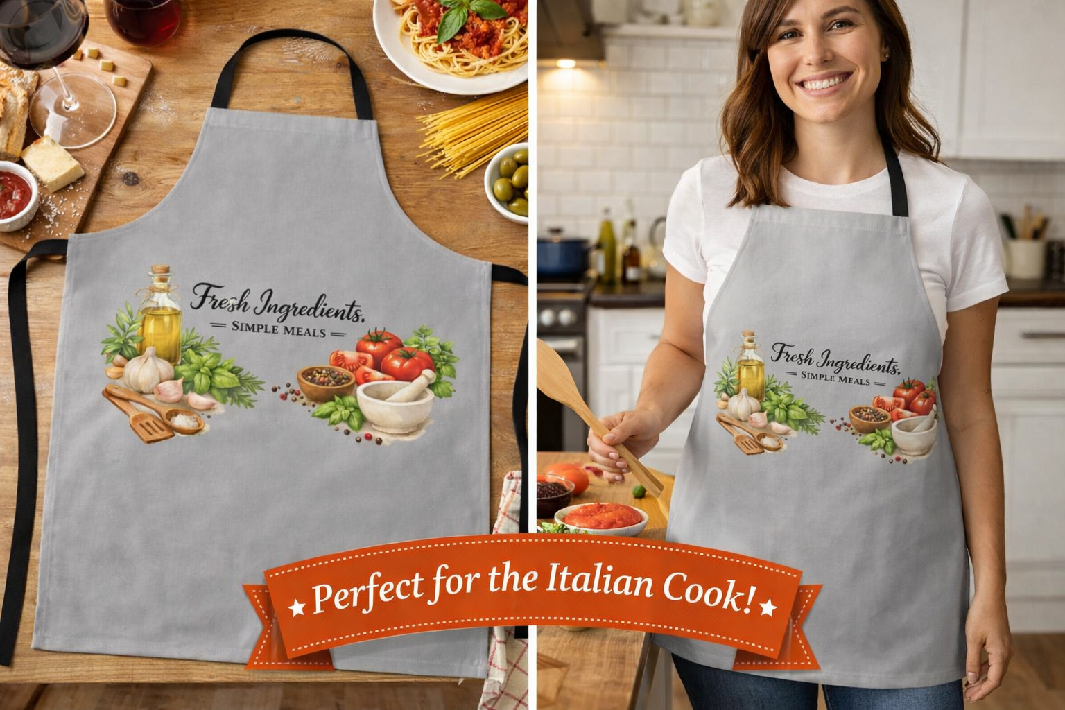 Italian Kitchen Apron Fresh Ingredients - Simple Meals Cooking Apron for Pasta Lovers Italian Food Lover Gift
