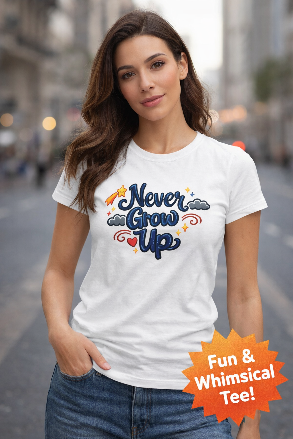 Never Grow Up T-Shirt Cute Whimsical Women's Tee Playful Quote Tee Gift for Women Fun Casual Tee White