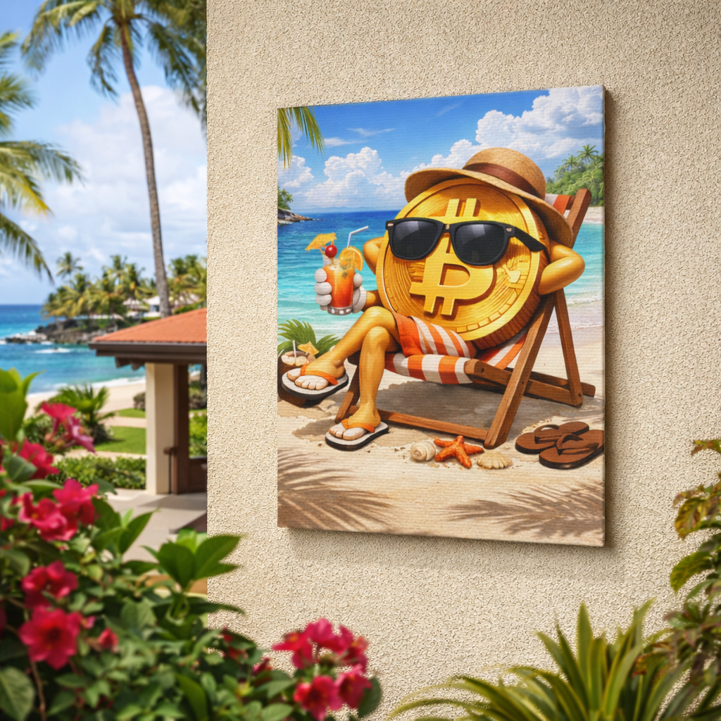 Relaxing Bitcoin Beach Canvas Wall Art Crypto Coastal Decor Luxury Bitcoin Artwork Modern Digital Currency Wall Art 9 x 12