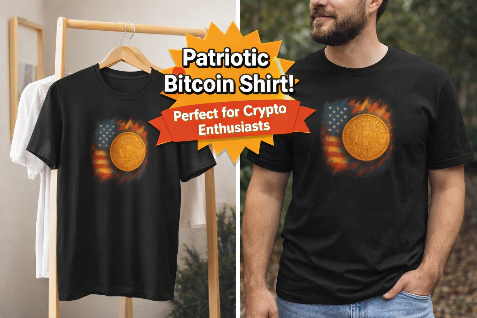 Bitcoin Patriot Flag and Coin Tshirt BTC Crypto Art Tee 100% cotton