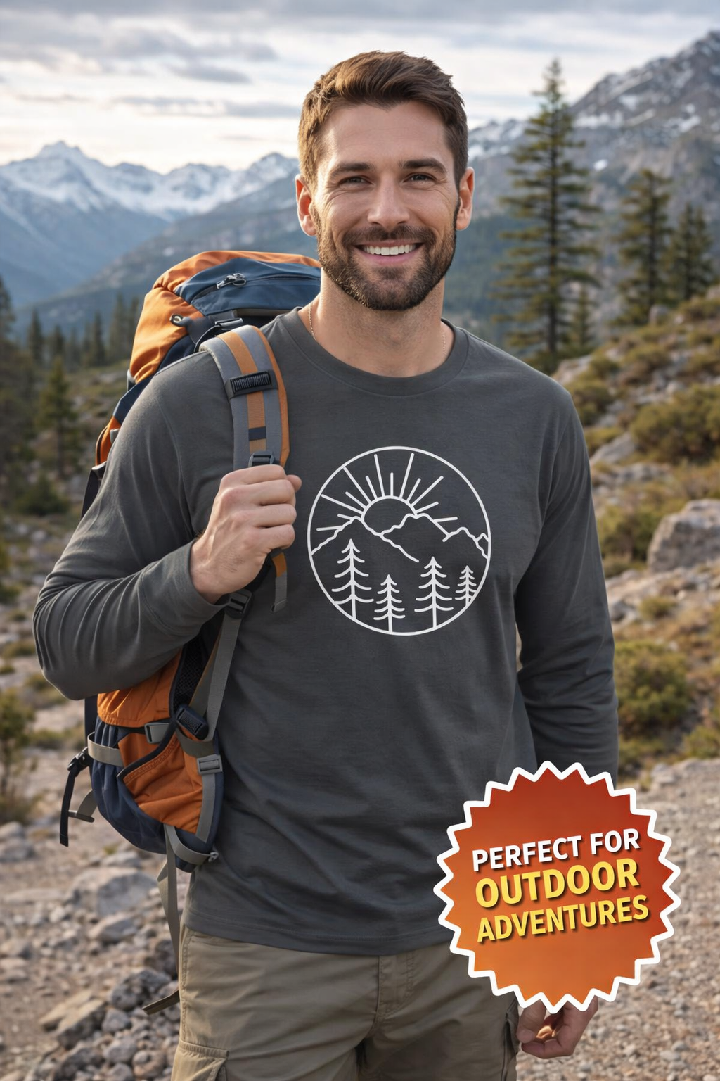 Mens Hiking Long Sleeve Shirt Minimalist Mountain Graphic Tee Outdoor Nature Shirt Camping Trail Gift for Him 7 colors 100% cotton