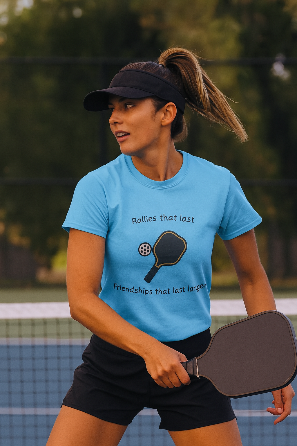 Sats and Stripes Pickleball Friends Forever T-Shirt Tee Rallies That Last Friendships That Last Longer Blue Female Model