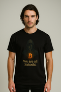Man wearing a black t-shirt with Bitcoin logo we are all satoshi