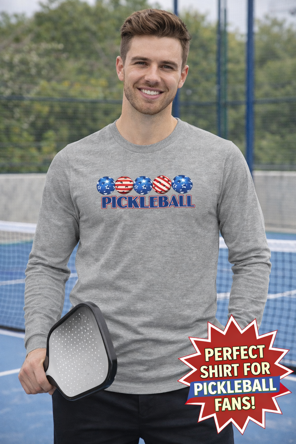 Patriotic Pickleball Long Sleeve Shirt USA Pickleball American Flag Tee Pickleball Player Gift Court Sports 4 colors 100% cotton