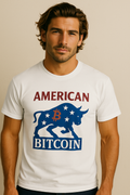 SatsandStripes.com American Bitcoin Red White & Bull T-Shirt White Male Model