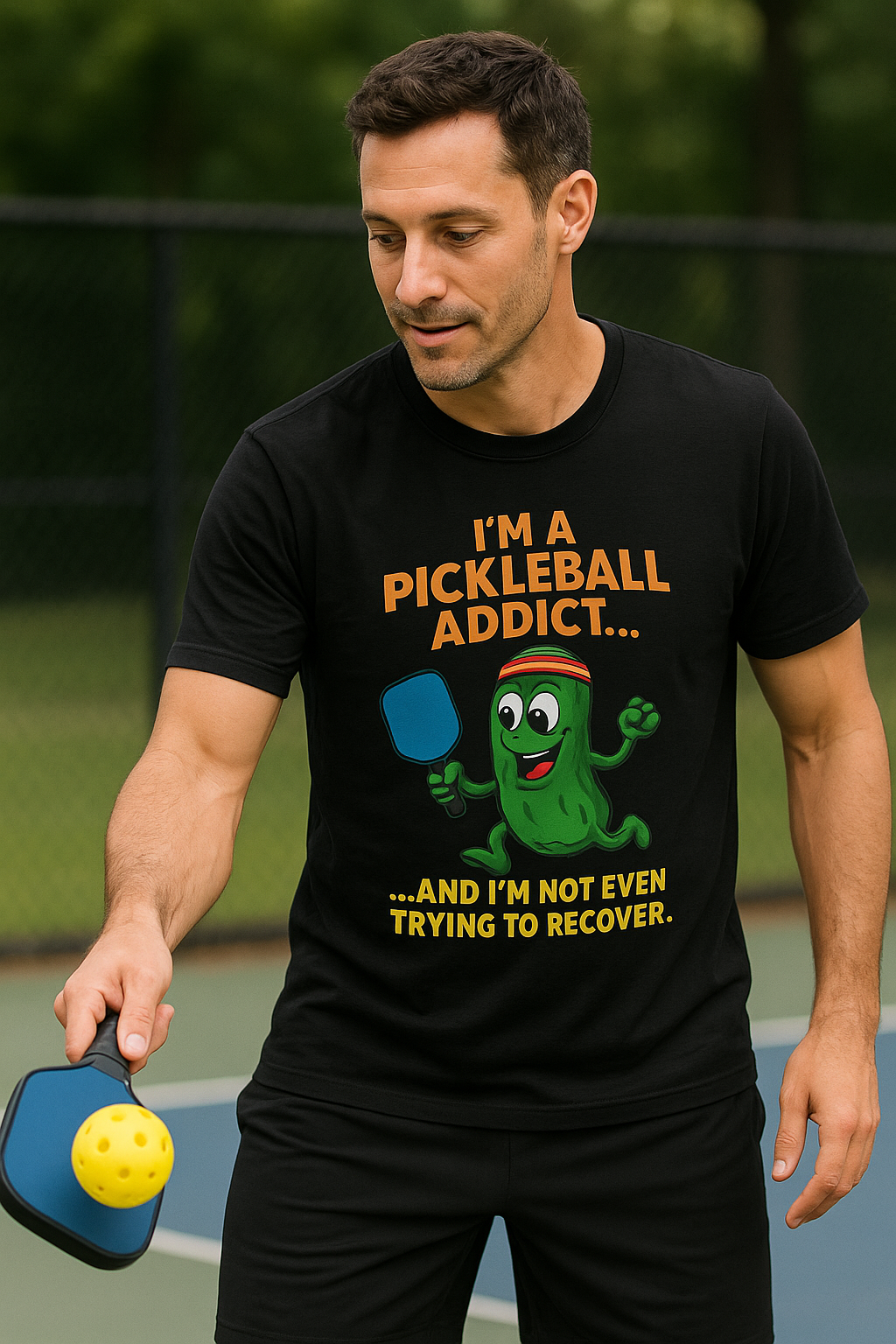 Sats and Stripes I'm a Pickleball Addict and I'm not Even Trying to Recover T-Shirt Black Male Model