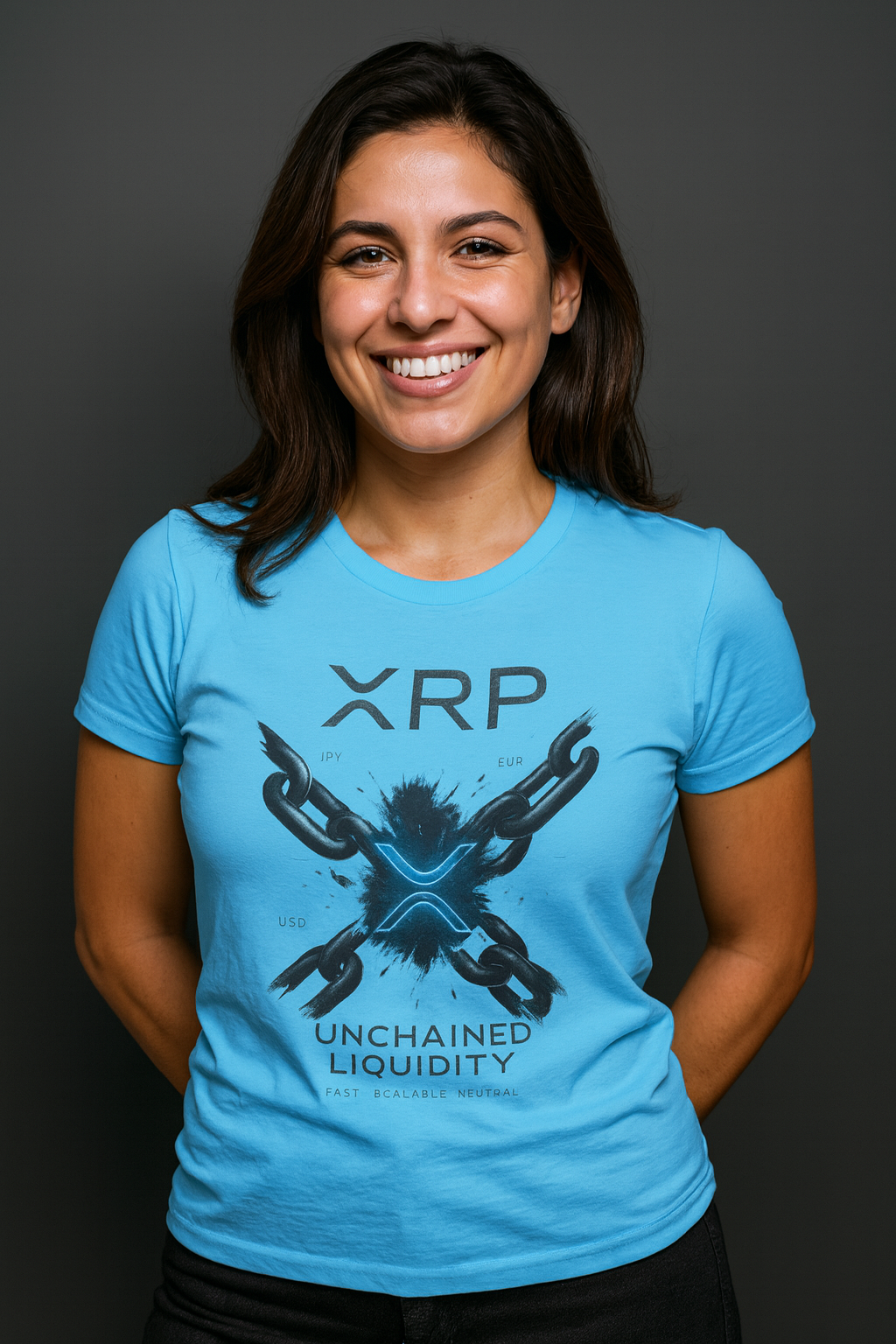 Sats and Stripes XRP Unchained Liquidity Ripple Crypto T-Shirt Blue Female Model