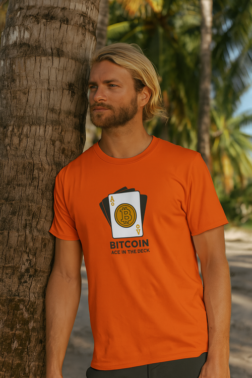 Sats and Stripes Bitcoin Ace in the Deck T-Shirt Orange Male Model