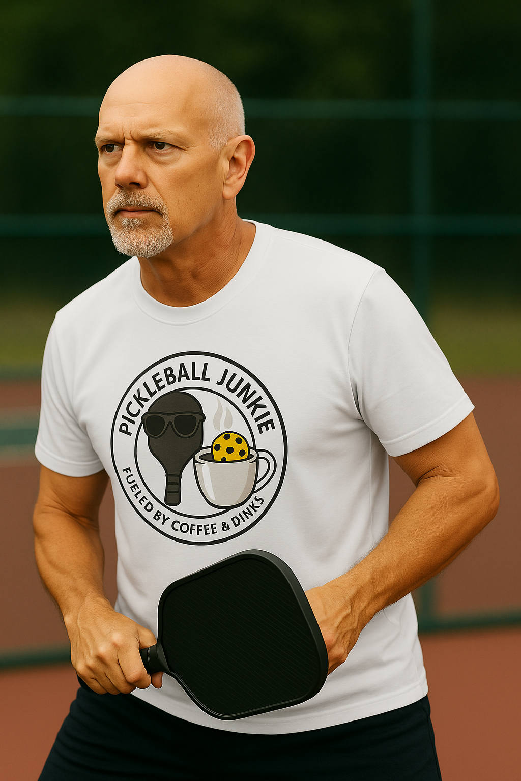 Sats and Stripes Pickleball Junkie Tee Fueled by Coffee & Dinks White Male Model