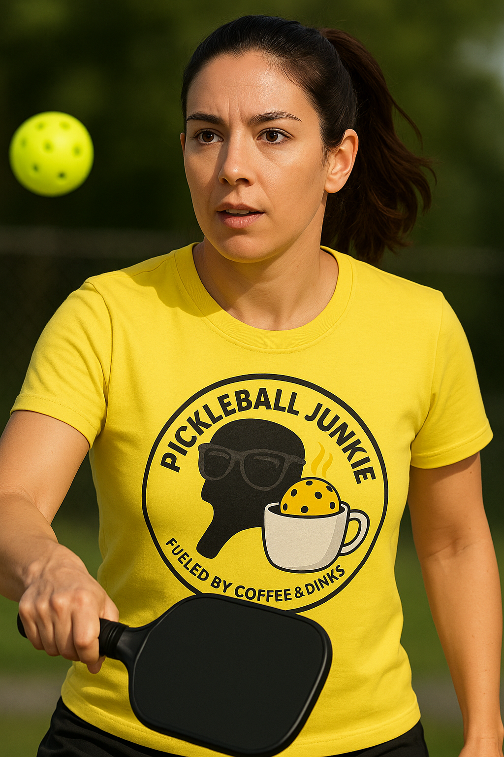 Sats and Stripes Pickleball Junkie Tee Fueled by Coffee & Dinks Yellow Female Model