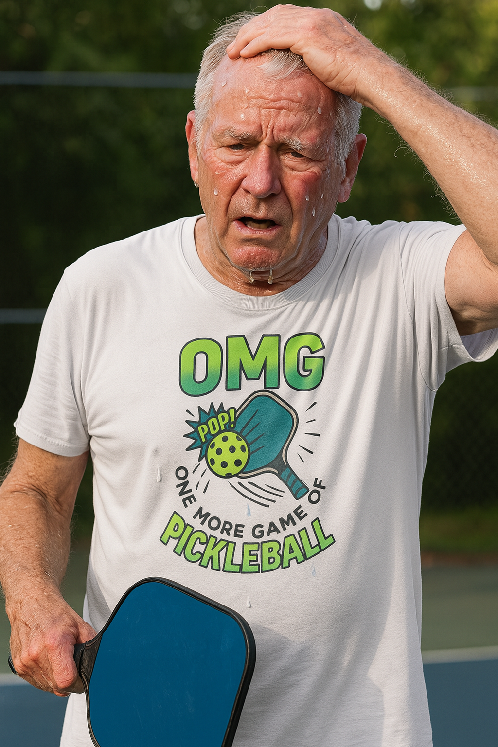 Sats and Stripes OMG One More Game of Pickleball Tee T-Shirt White Male Model