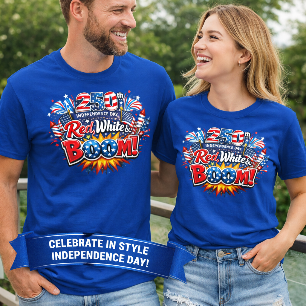 Sats and Stripes Red White & Boom 250th Anniversary Tee Patriotic 4th of July Fireworks Tee USA