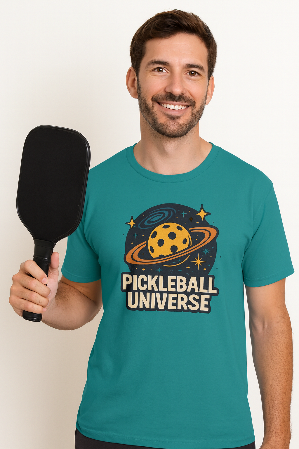 Sats and Stripes Pickleball Universe T-Shirt Fun Space Pickleball Graphic Tee Jade Male Model