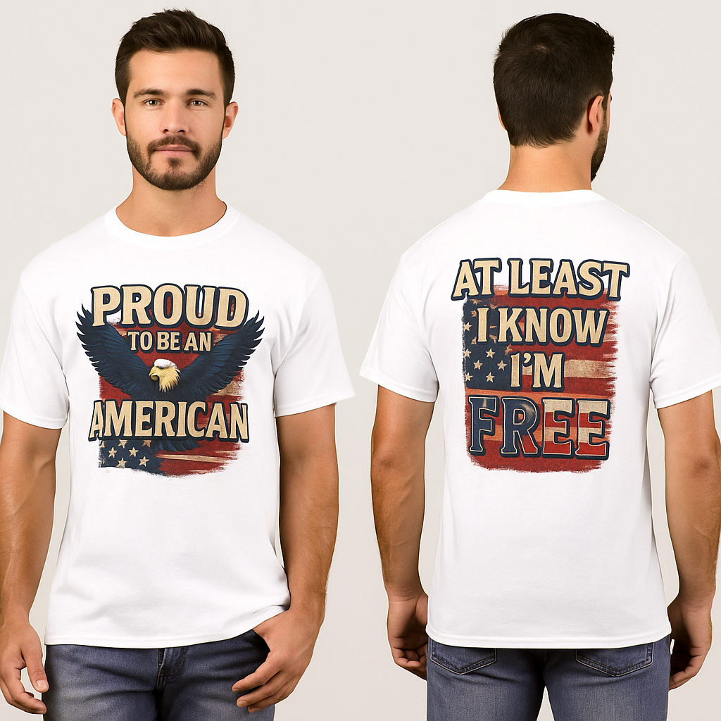 Proud to be an American at Least I know I'm Free Patriotic Tee with Eagle and Flag 5 colors 100% cotton