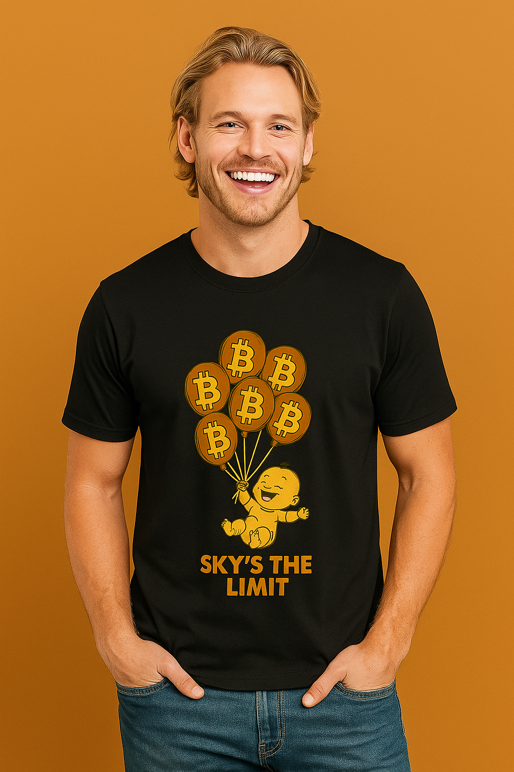 Sats and Stripes Skys The Limit Bitcoin T-Shirt Funny Tshirt Black Male Model