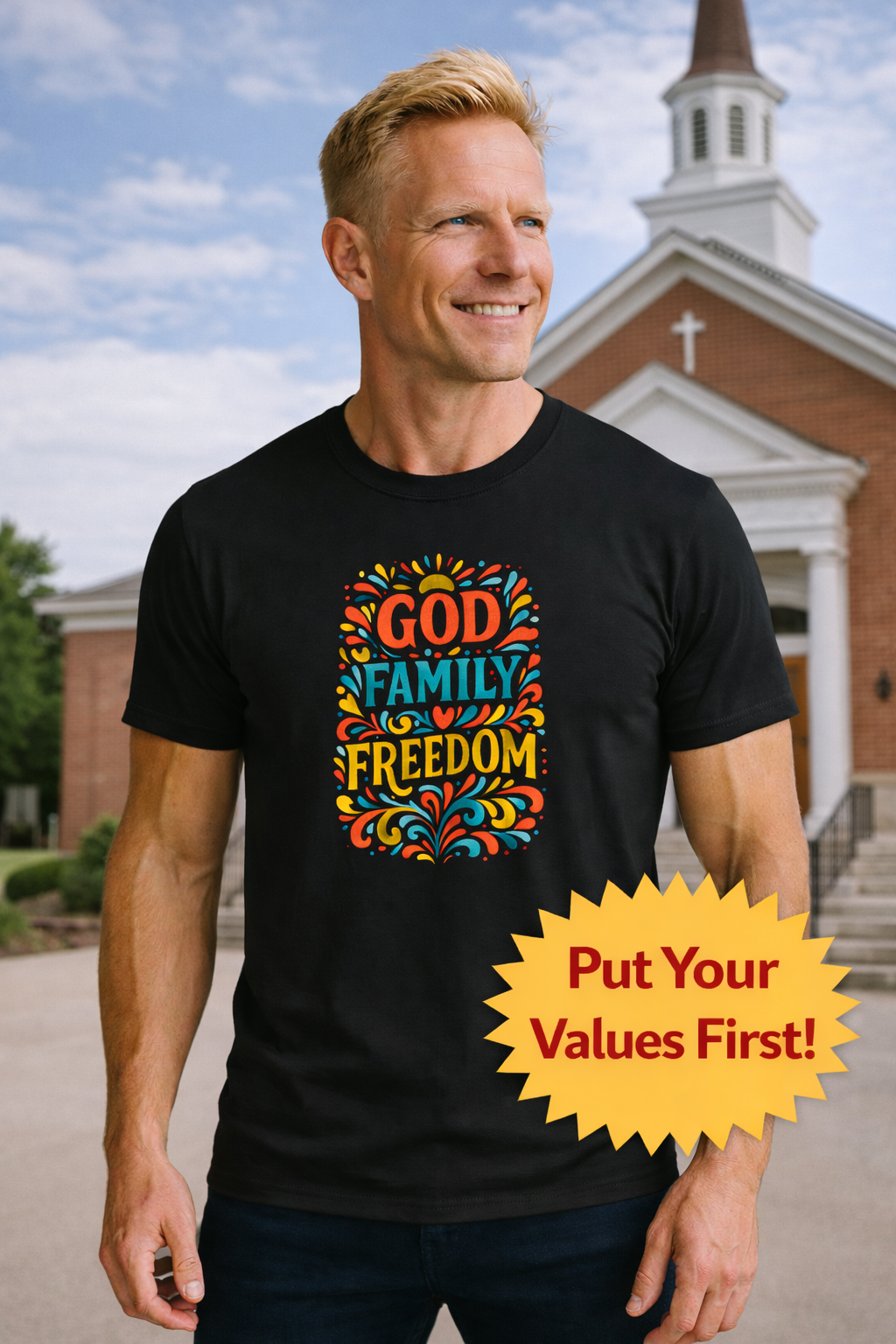SatsandStripes.com God Family Freedom T-Shirt Colorful Religious Tee for Faith & Patriotism Black