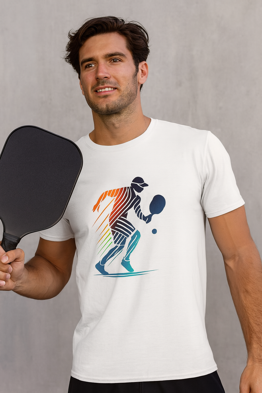 Sats and Stripes Pickleball Motion Tee Dynamic Player Design for Athletes & Enthusiasts White Male Model