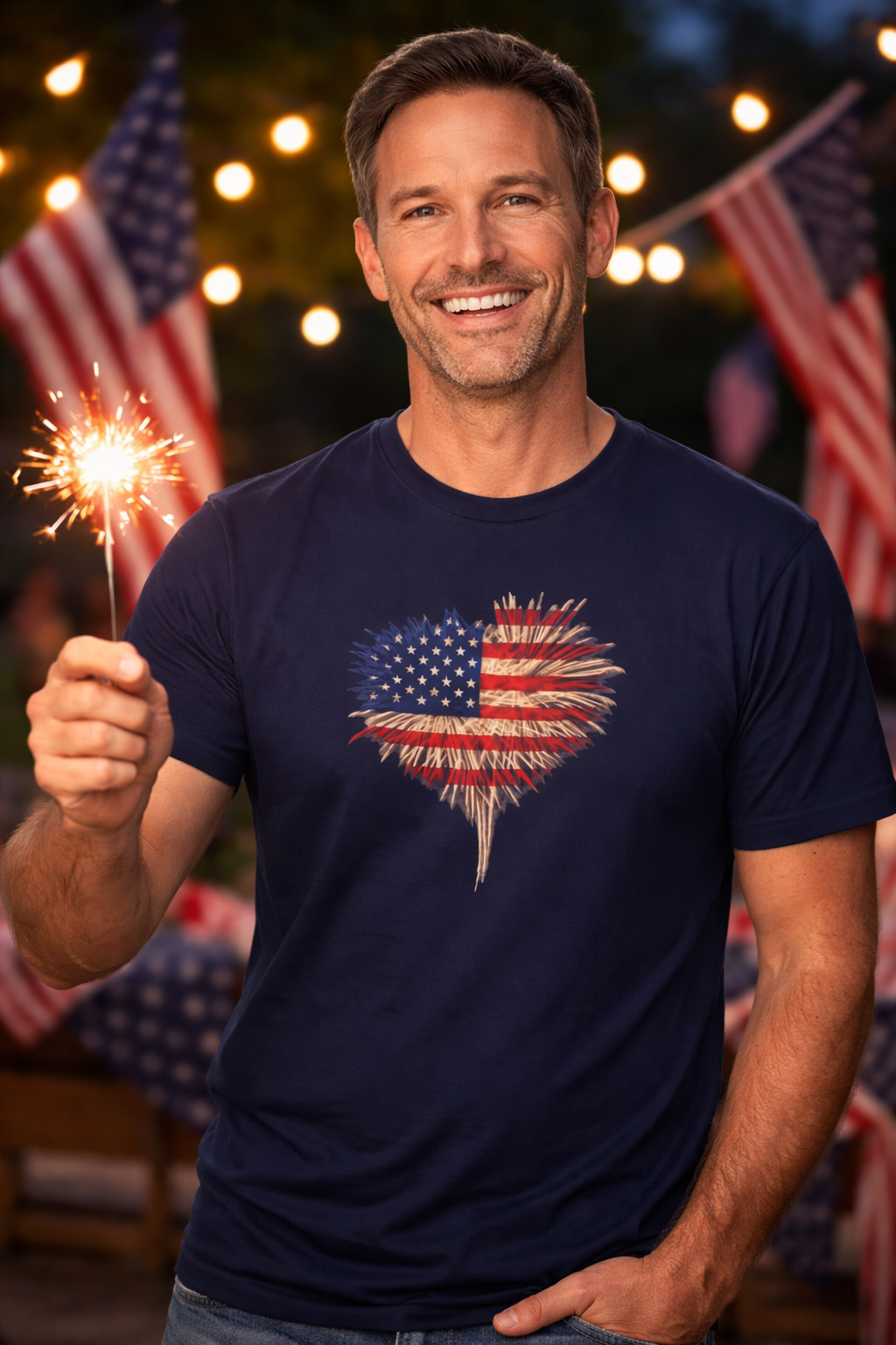 American Flag Fireworks Heart T-Shirt Patriotic 4th of July Shirt USA Independence Day Tee 7 colors 100% cotton