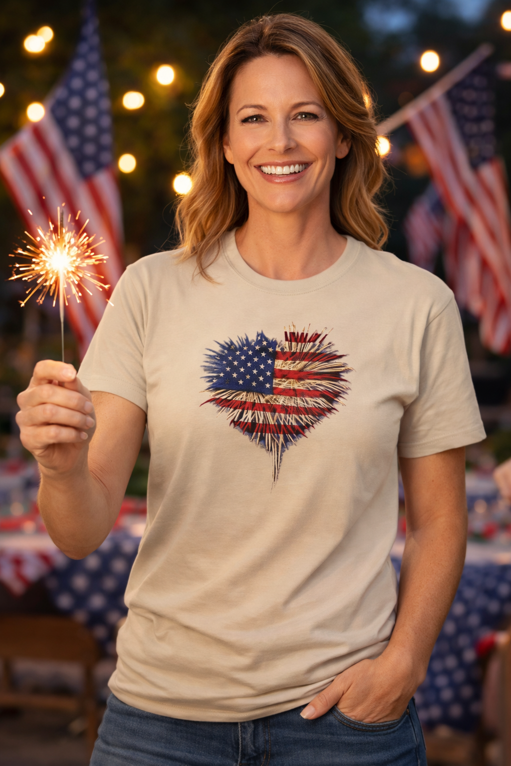 American Flag Fireworks Heart T-Shirt Patriotic 4th of July Shirt USA Independence Day Tee 7 colors 100% cotton