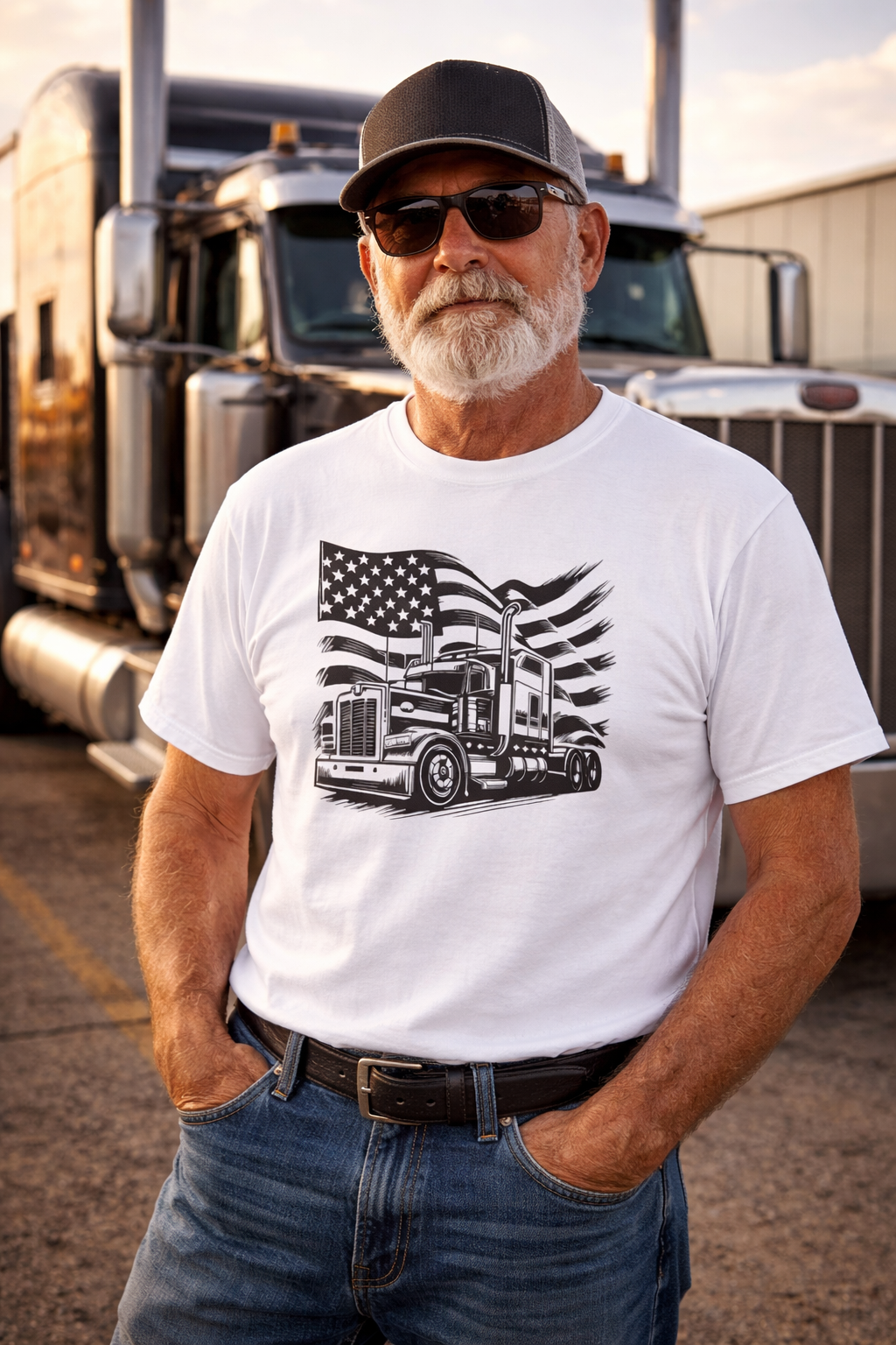 American Trucker Pride T-Shirt Patriotic Semi Truck Graphic Tee for Truck Drivers USA Flag Big Rig Shirt 5 colors 100% cotton