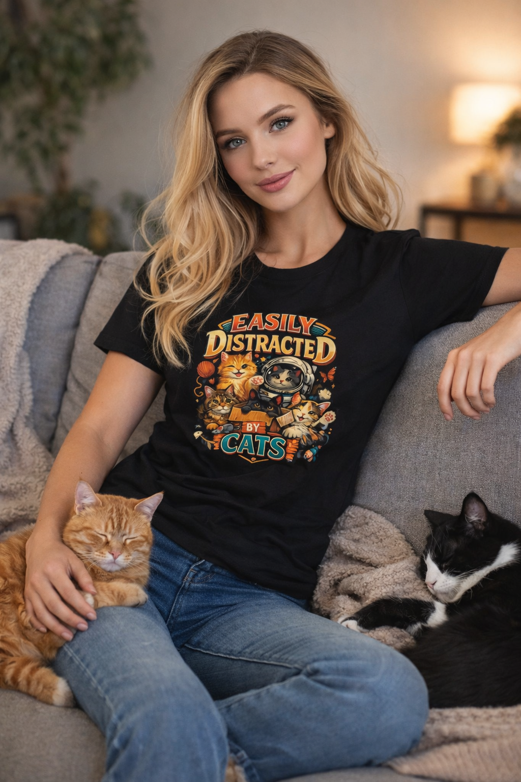 Easily Distracted by Cats TShirt Cute Cat Lover Shirt Funny Cat Mom Tee Cozy Pet Lover Gift 7 colors 100% cotton