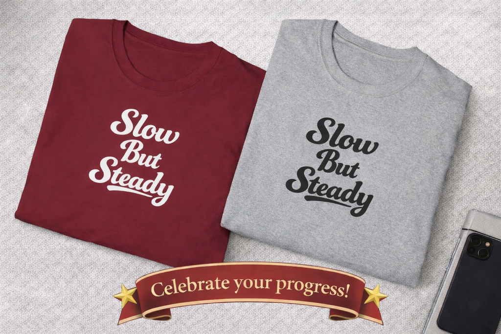 Slow But Steady TShirt Clean Script Typography Shirt Everyday Mindset Graphic Tee 10 colors 100% cotton